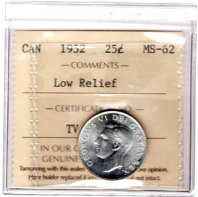 1952 Canada 25 Cents Silver Coin - Low Relief - ICCS Graded MS-62