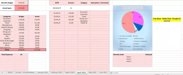 12 month personal budget - Daily transaction tracker - auto filled totals