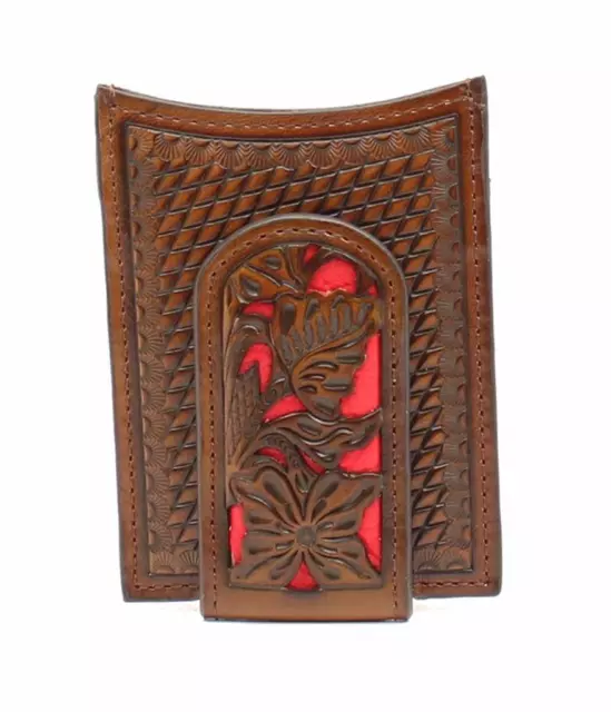 Nocona Western Mens Wallet Money Clip Weave Floral Overlay Red Brown N5426504