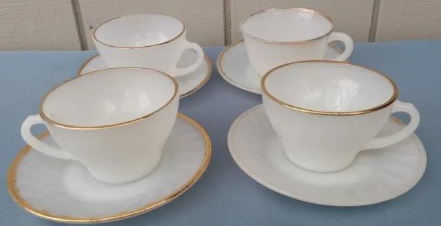 Set (4) Fire King Milk Glass Coffee Cups With Saucers Swirl Gold Rim~
