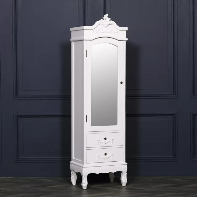 French Shabby White Hardwood Single Mirrored Door Armoire Wardrobe with Drawer