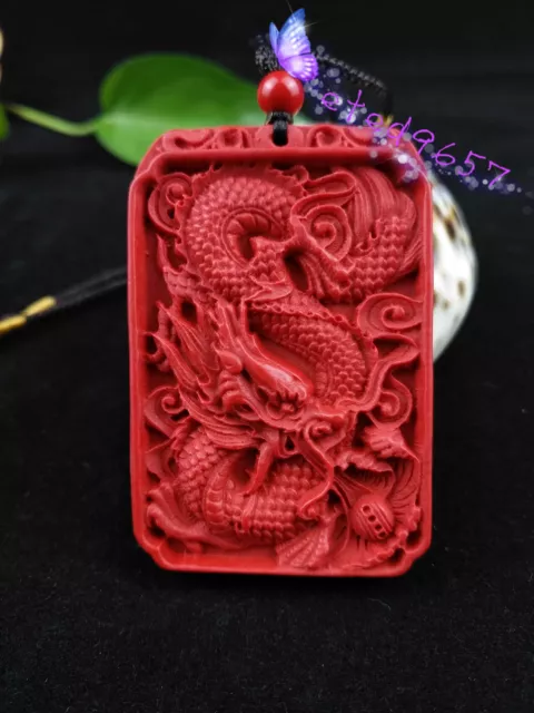 Chinese Natural Red Organic Cinnabar Dragon Necklace Pendant Lucky Amulet