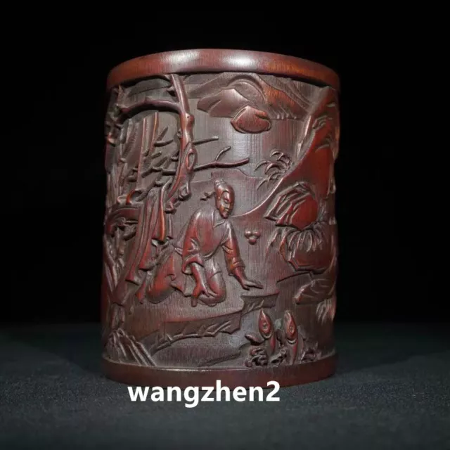 Chinese Wood brush pot Bamboo carving Pen holder Character Story Pattern 16cm