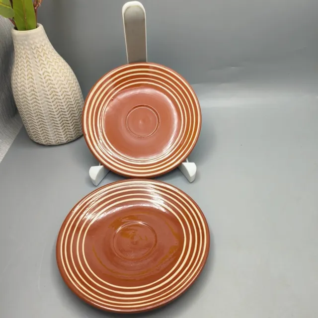 Vintage Swedish Pottery Nittsjo Ceramic Saucers x2 Mid Century Redware Hand Made