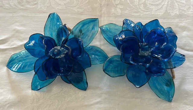 Vtg MCM Italy 1967 J. Corelli Lucite Blue Flower Large Sculpture Display PAIR