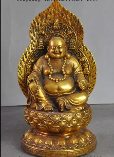 7" Old Chinese Buddhism Temple Bronze Gilt Wealth Lucky Maitreya Buddha Statue