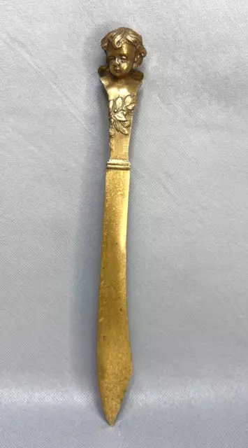 19c.Antique French Bronze Letter Opener Figural Cherub Boy Angel Putti Bust