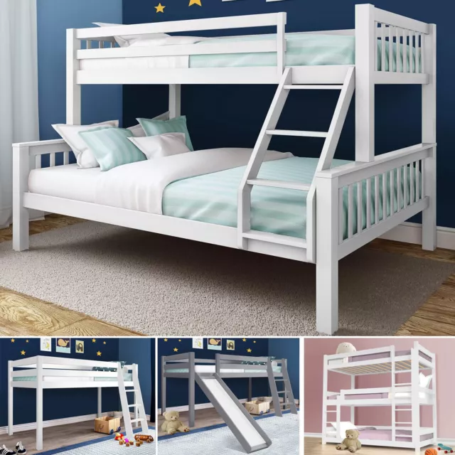 Double Bunk Beds Triple Pine Wood Children Bed Frame High Sleeper With Mattress