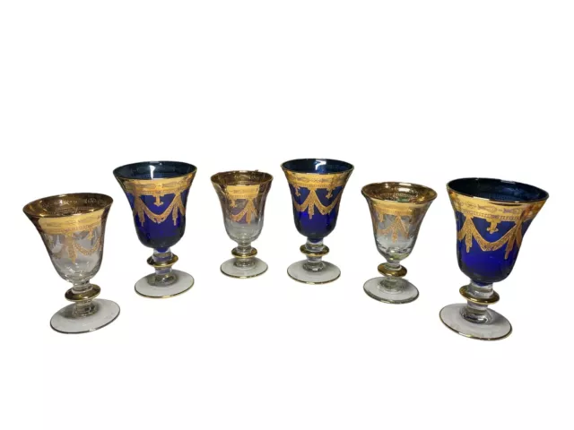 Set of 6 Cristallerie Italiane Cobalt/Blue And Gold Italy Stemware