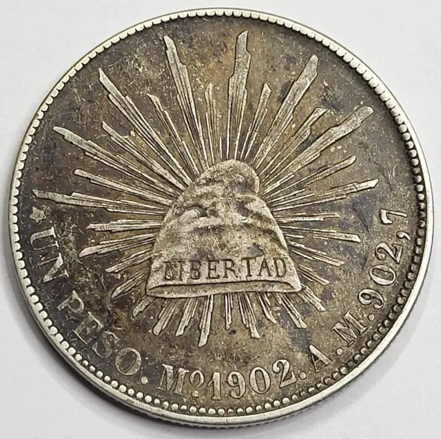 1902-Mo AM Mexico Cap & Rays Silver 1 Peso - Toned