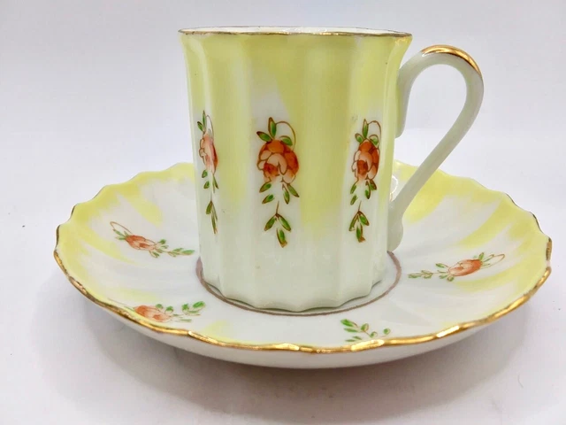 Antique Japanese Floral Porcelain Hand Painted Demitasse Cup Saucer Yellow/Pink