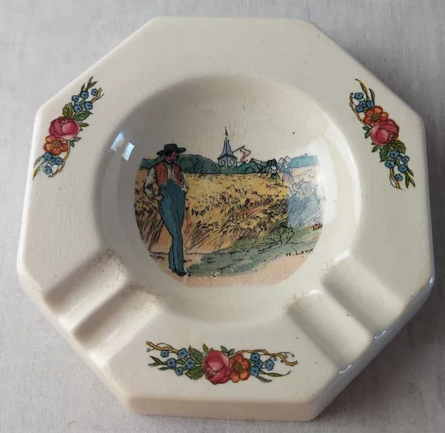 Rare ancien cendrier, décor Obernai, en céramique de Sarreguemines
