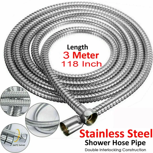 118inch 3M Shower Head Hose Flexible Stainless Steel Chrome G1/2 Bathroon Pipe