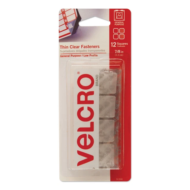 Paquete de 6 sujetadores delgados cuadrados marca VELCRO(R) 0,875" 12/paquete transparente -91330