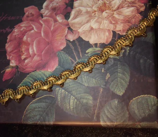 Antique gold metal lace trim heavy narrow brocade gimp ribbon-work doll 3/8" vtg