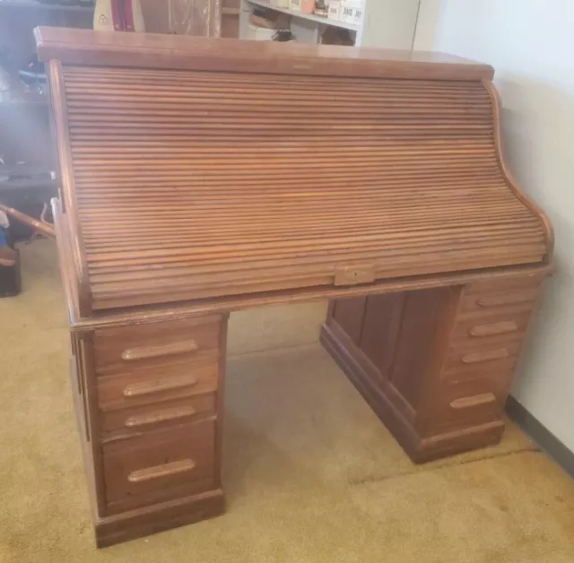 1884 Antique OAK Roll Down Top Desk w Hidden Drawers Stevens Chair Co Pd  $1100+