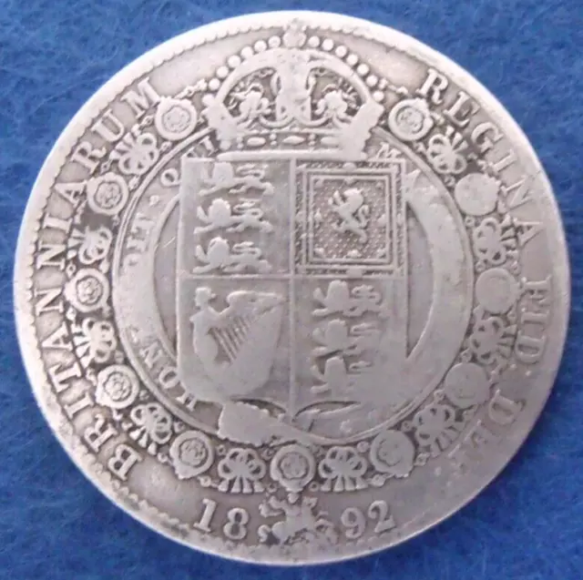 1892 VICTORIA SILVER HALF CROWN  ( .925 Silver )  British 2/6 Coin.   434
