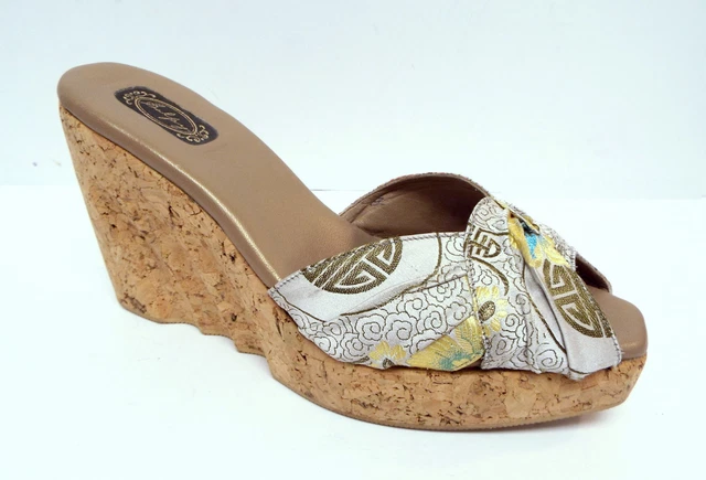 SALPY Size 8 Oriental Silk & Cork Platform Slide Sandals Shoes SALPY Size 8 Oriental Silk & Cork Platform Slide Sandals Shoes
