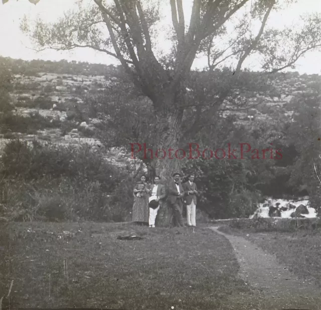 Famille amis au pied d’un arbre c1930 Photo Plaque verre Stereo Vintage P30L1n3