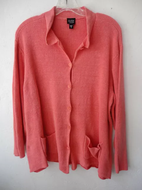 Eileen Fisher sweater 1X pure linen heavy fine gauge knit cardigan pretty peach