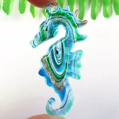 Carved Blue/Green/Gold Inlaid Lampwork Glass Sea Horse Pendant Bead LLDP2