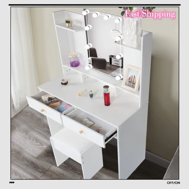 W/ Drawers Bedroom Hollywood LED Lights Mirror Dressing Table + Stool Vanity Set