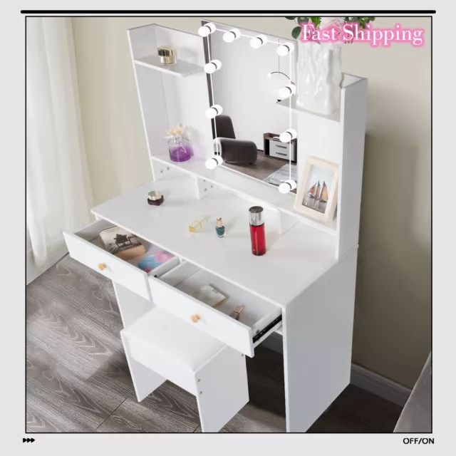 W/ Drawers Bedroom Hollywood LED Lights Mirror Dressing Table + Stool Vanity Set