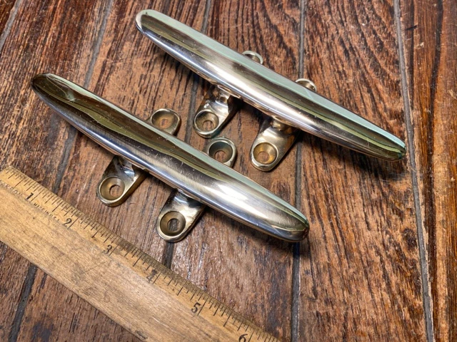 Pair Of Vintage Cast Solid Mirror Polished Bronze, 6" Cleats