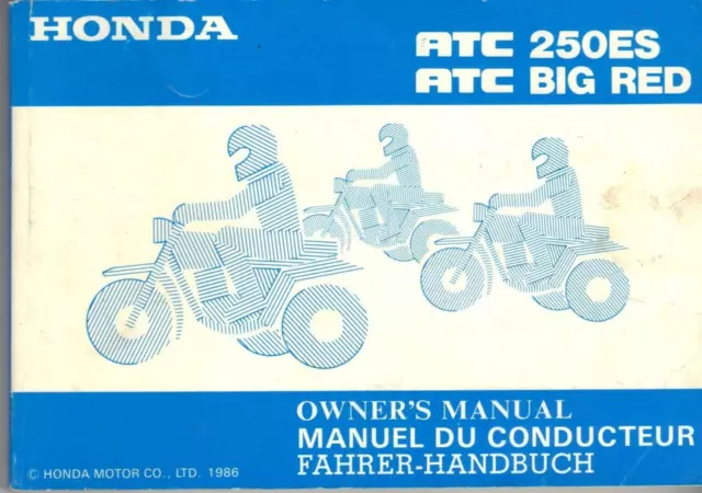 Honda Atc250 Es,Atc Big Red 1986,1987 Owners Instruction & Maintenance Manual