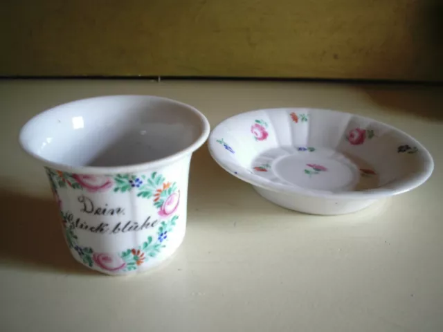 alte Tasse mit Untertasse "Dein Glück blühe" Porzellan handbemalt Streublumen 2