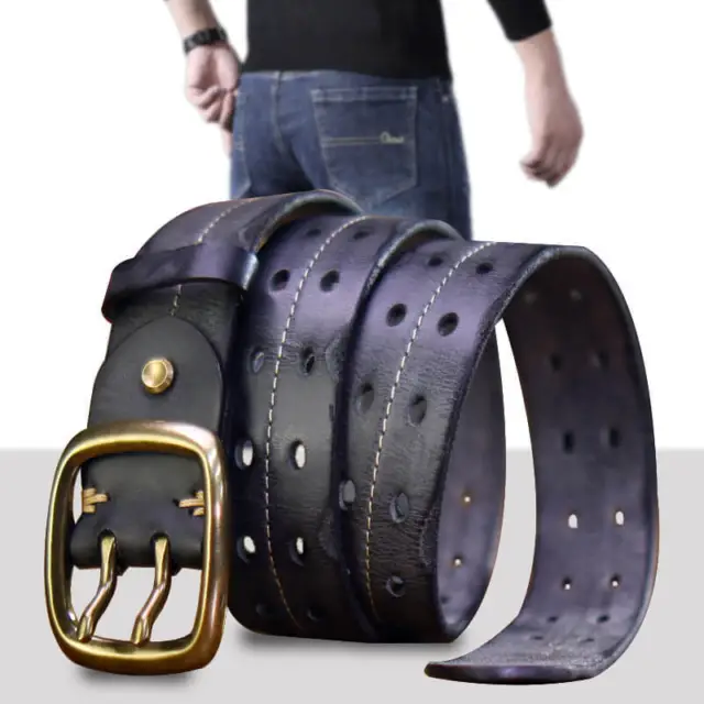 Handmade Genuine Leather Belt for Men Double Holes Brass Buckle for Jeans