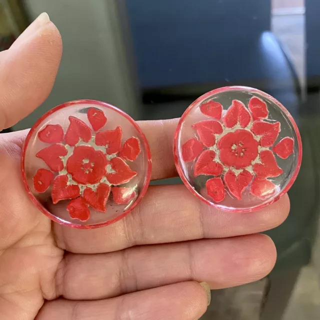 Vintage 50s CLEAR Red REVERSE Carved LUCITE Round FLORAL Flower CLIP On EARRINGS