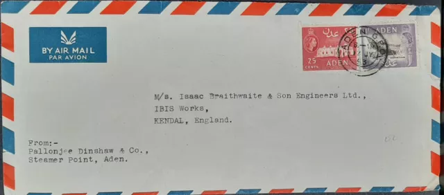 (ADE-202) ADEN 1953 QEII Air Mail Envelope of 2 stamps from ADEN to ENGLAND