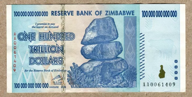 Simbabwe 100 Trillion Dollar EXTREM NIEDRIGE Seriennummer AA00... VF Banknote