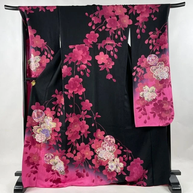 Woman Japanese Kimono Furisode Silk Cherry Blossom Temari Gold Foil Black 170cm