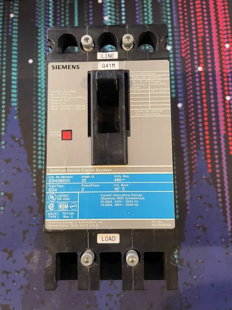 Siemens Ed43B025 Sentron Molded Case Circuit Breaker. 3P 25A 240/480V