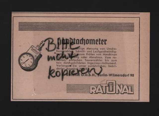 BERLIN-WILMERSDORF, Werbung 1939, Rational GmbH Hand-Tachometer