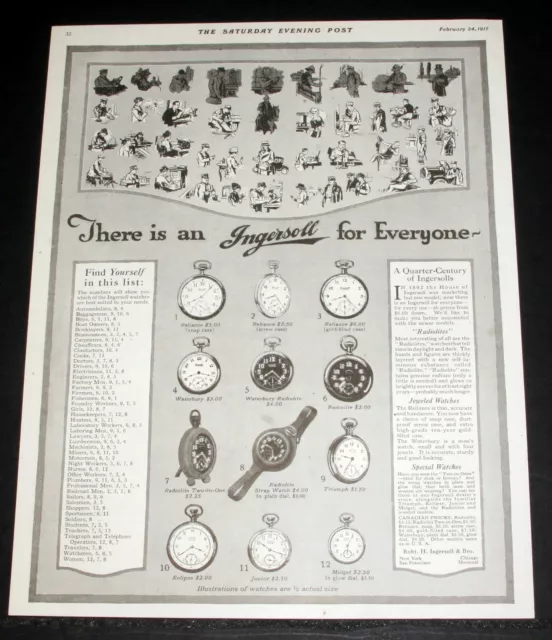 1917 Old Wwi Magazine Print Ad, Ingersoll Radiolite Watches, One For Everyone!