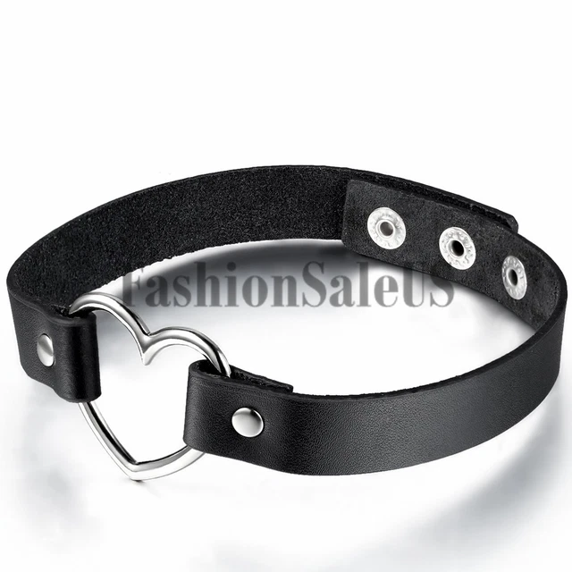 Women Punk Gothic Leather Rivet Heart Ring Collar Choker Funky Charm Necklace