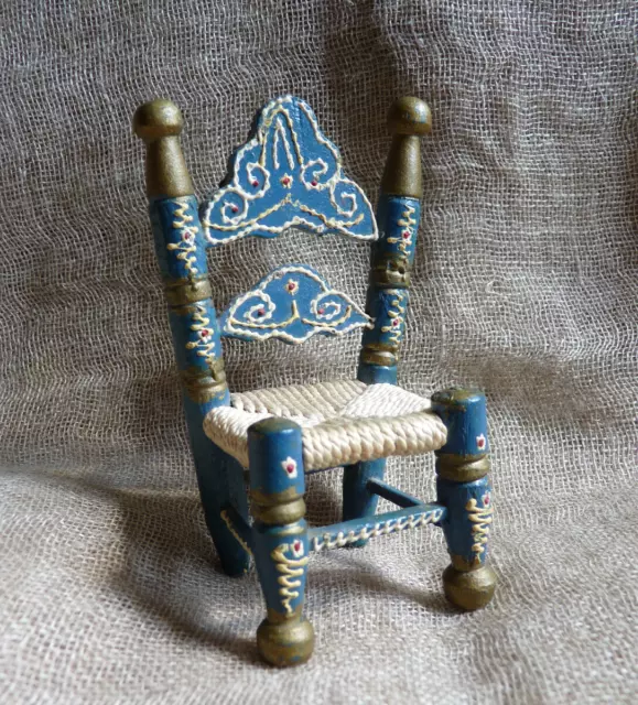 Dolls House Vintage Small Chair Blue White Red Hand Painted Folk Art Dora Kuhn?