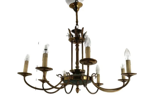 French Empire Pan Chandelier Brass  Green 8 arms Lights  Hollywood regency HTF