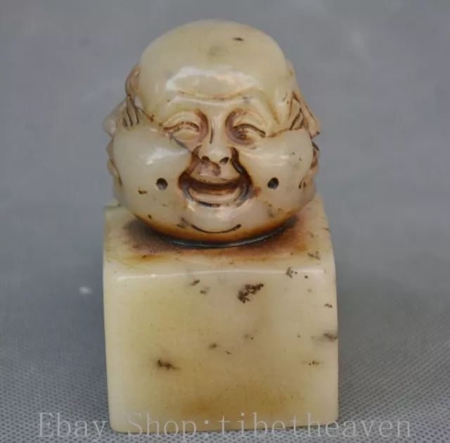 3.2" Rare Old Chinese Shoushan Stone Carving 4 Face Buddha Head Seal Signet