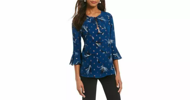 Ivanka Trump $189 Women's Feather Print Georgette Ruffled Bell Sleeve Top 2