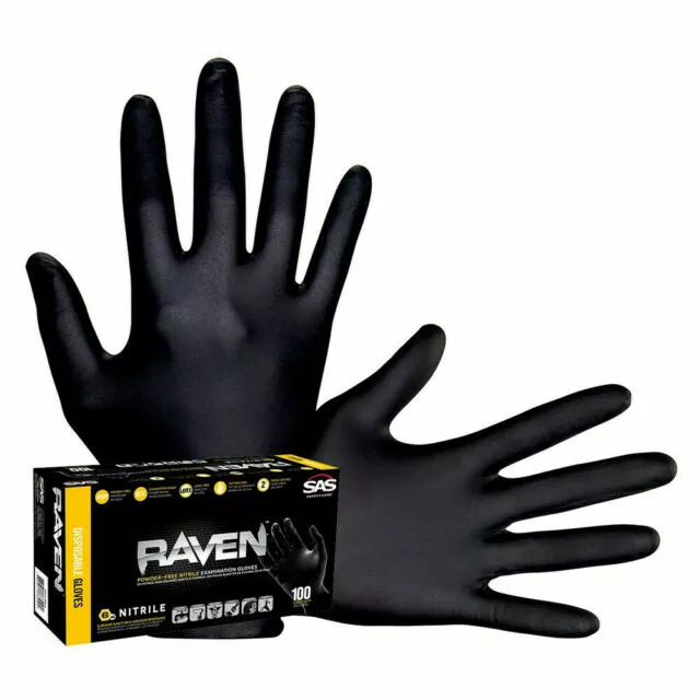 SAS 66518 Large 7mil Black Raven Nitrile Disposable Gloves Powder Free (100pk)
