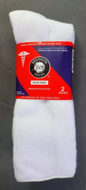 Brooklyn Diabetic Socks 2 Pack 10-16 L XL White Extra Wide Mid Over Calf Cotton