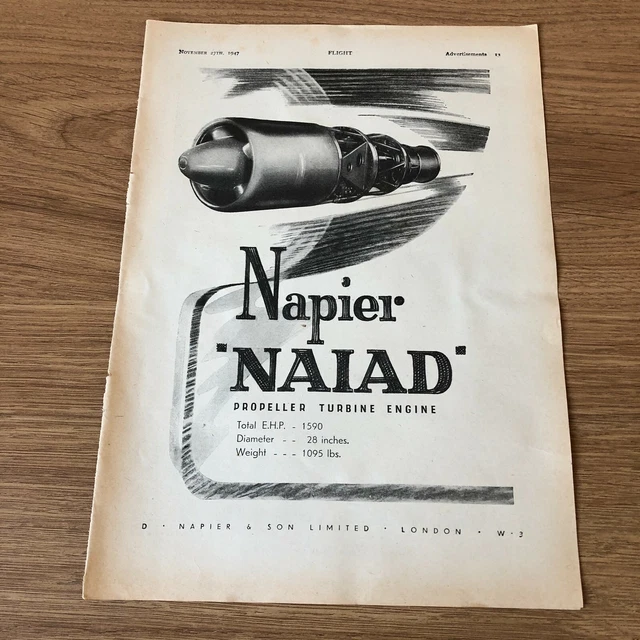 (STA21) Advert 11x8" Napier 'NAIAD' Propeller Turbine Engine, D. Napier & Son