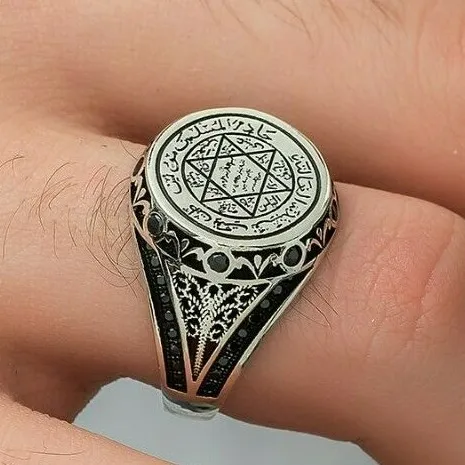 Seal Of Solomon Solid 925 Sterling Silver Men's Ring Islamic Calligraphy Ring