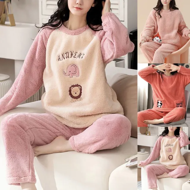 Women Fluffy Fleece Pajamas Set Sleepwear Thermal Warm Nightwear Tops + Pants AU