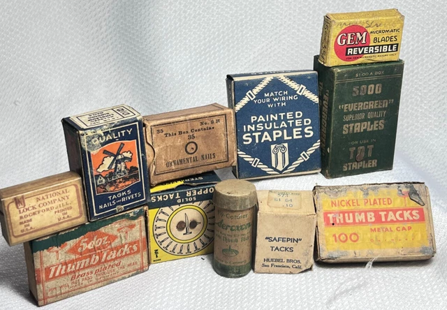 Vtg Advertising Lot Of Mixed Brand Household Nails Tacks Rivets Staples Boxes