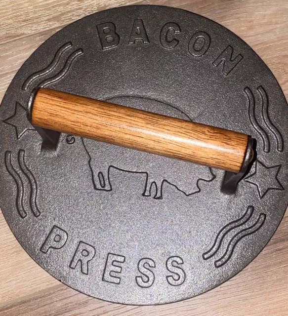 Cast Iron Grill Press Heavy Duty Bacon Press with Wood Handle 8.5 Inch Round